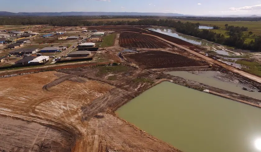 Drone view of bulk earthworks and stormwater ponds for a new North Harbour stage