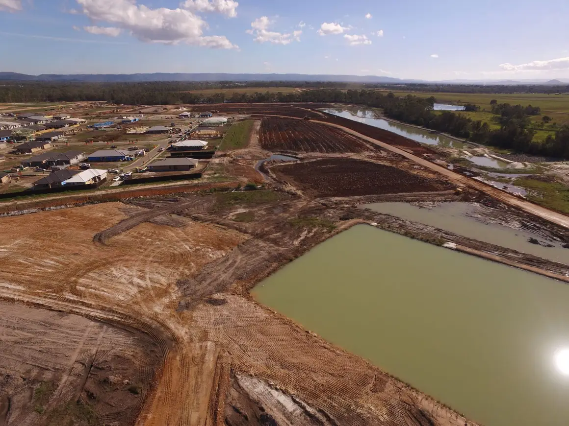 Drone view of bulk earthworks and stormwater ponds for a new North Harbour stage