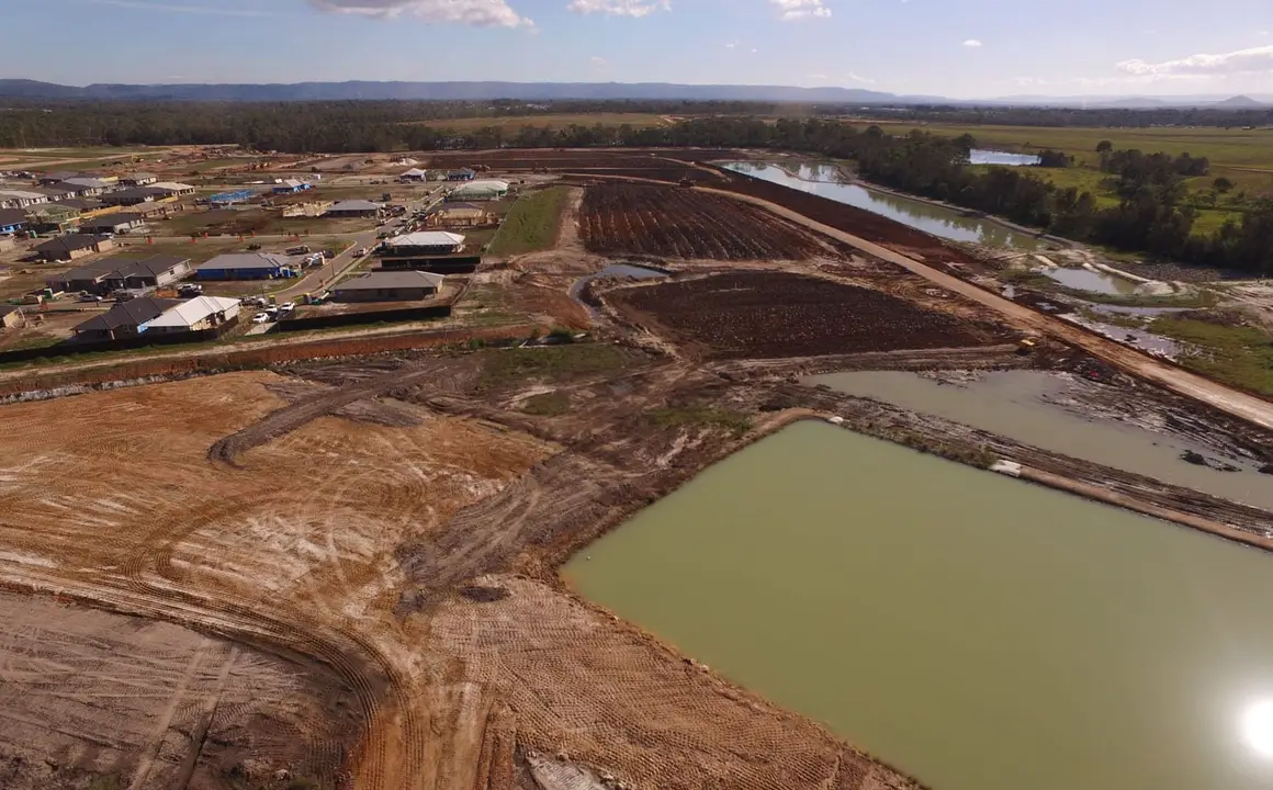 Drone view of bulk earthworks and stormwater ponds for a new North Harbour stage