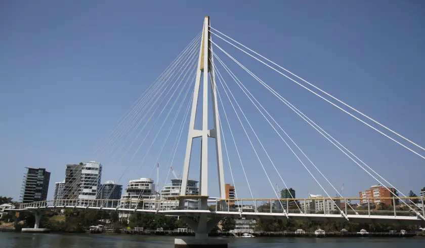 The mast and cable stays of the Kangaroo Point Green Bridge over the Brisbane River