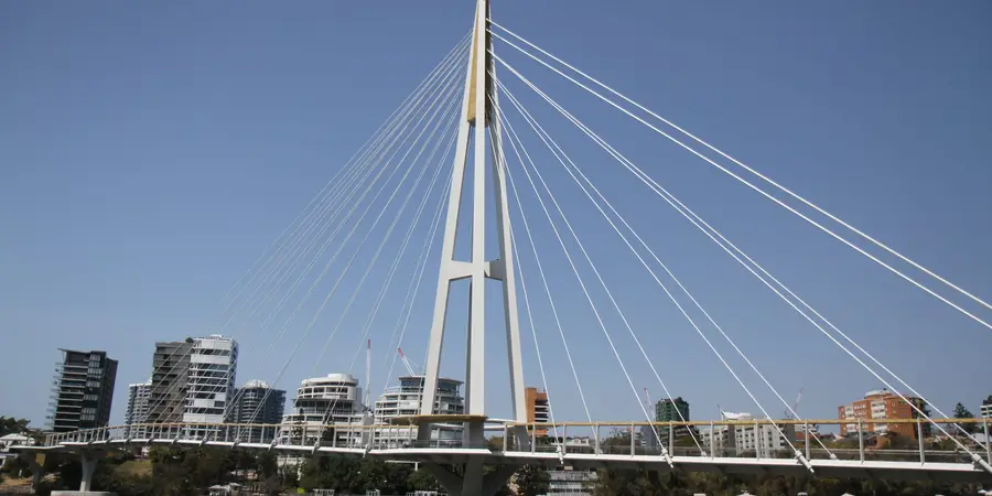 The mast and cable stays of the Kangaroo Point Green Bridge over the Brisbane River