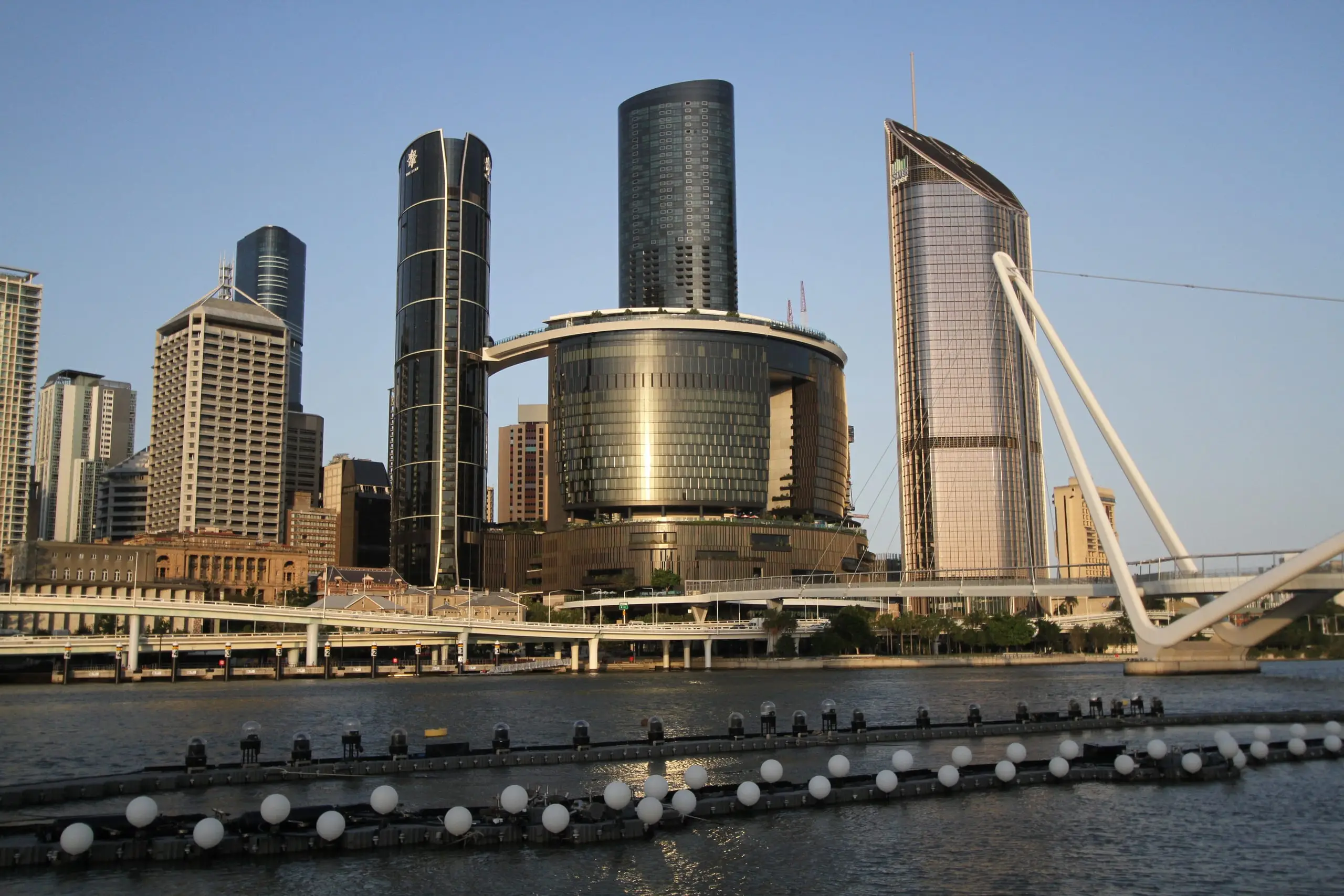 Queen's Wharf Brisbane and the city skyline on the Brisbane River