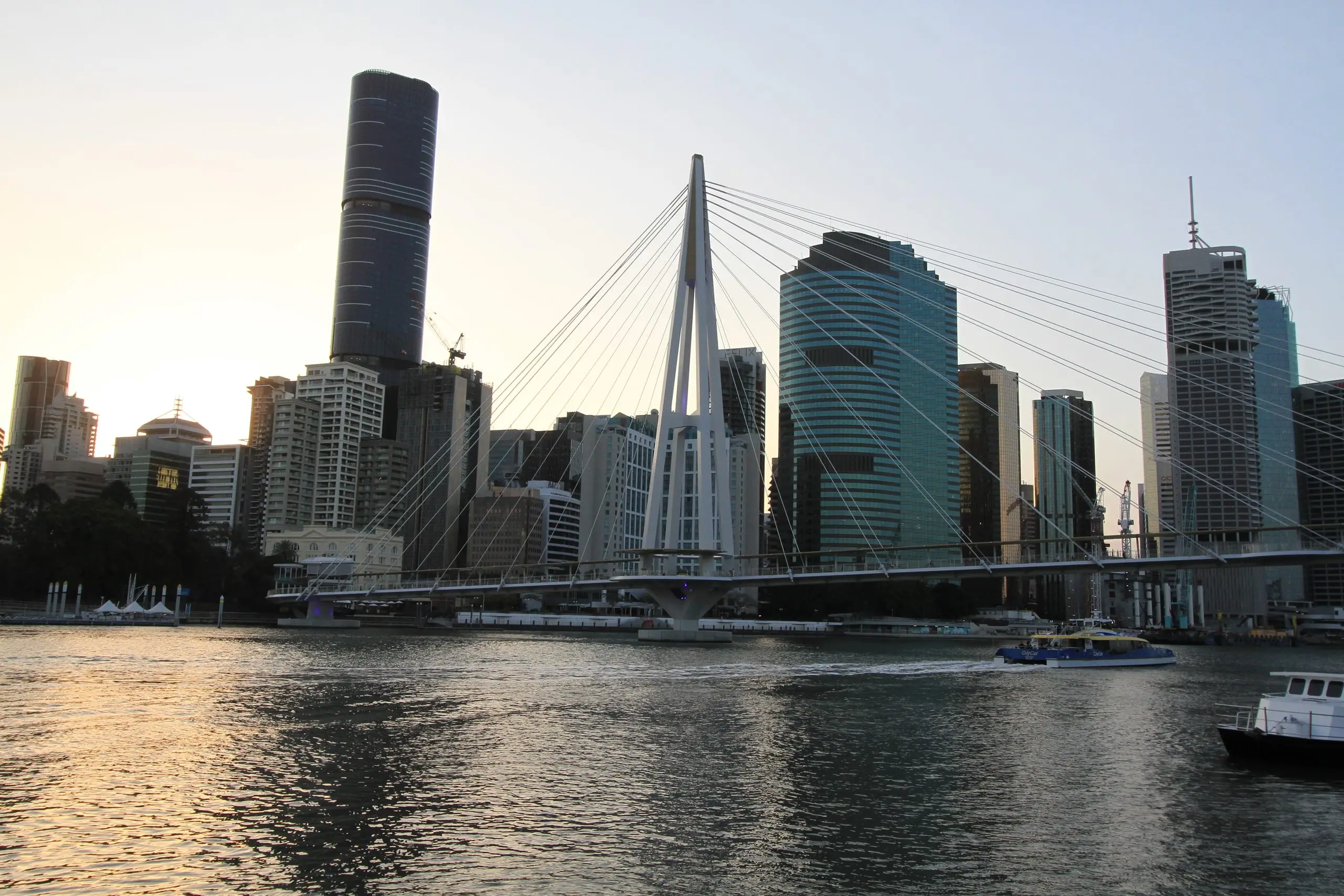 Kangaroo Point Green Bridge and the Brisbane CBD skyline at dusk
