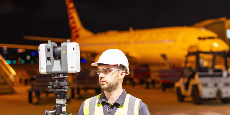Land Solution surveyor on site at Brisbane Airport, conducting laser scans on the tarmac