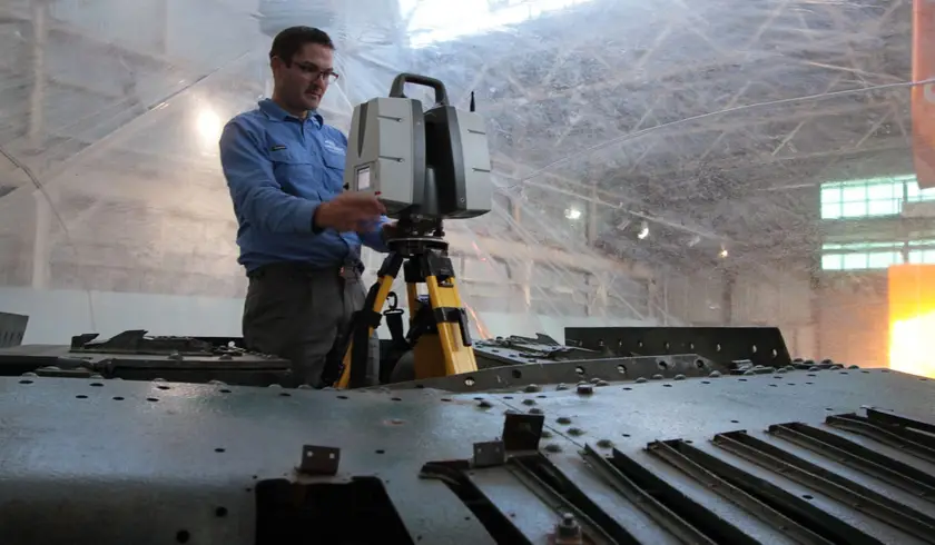 Surveyor scanning from the roof of Mephisto inside a protective enclosure