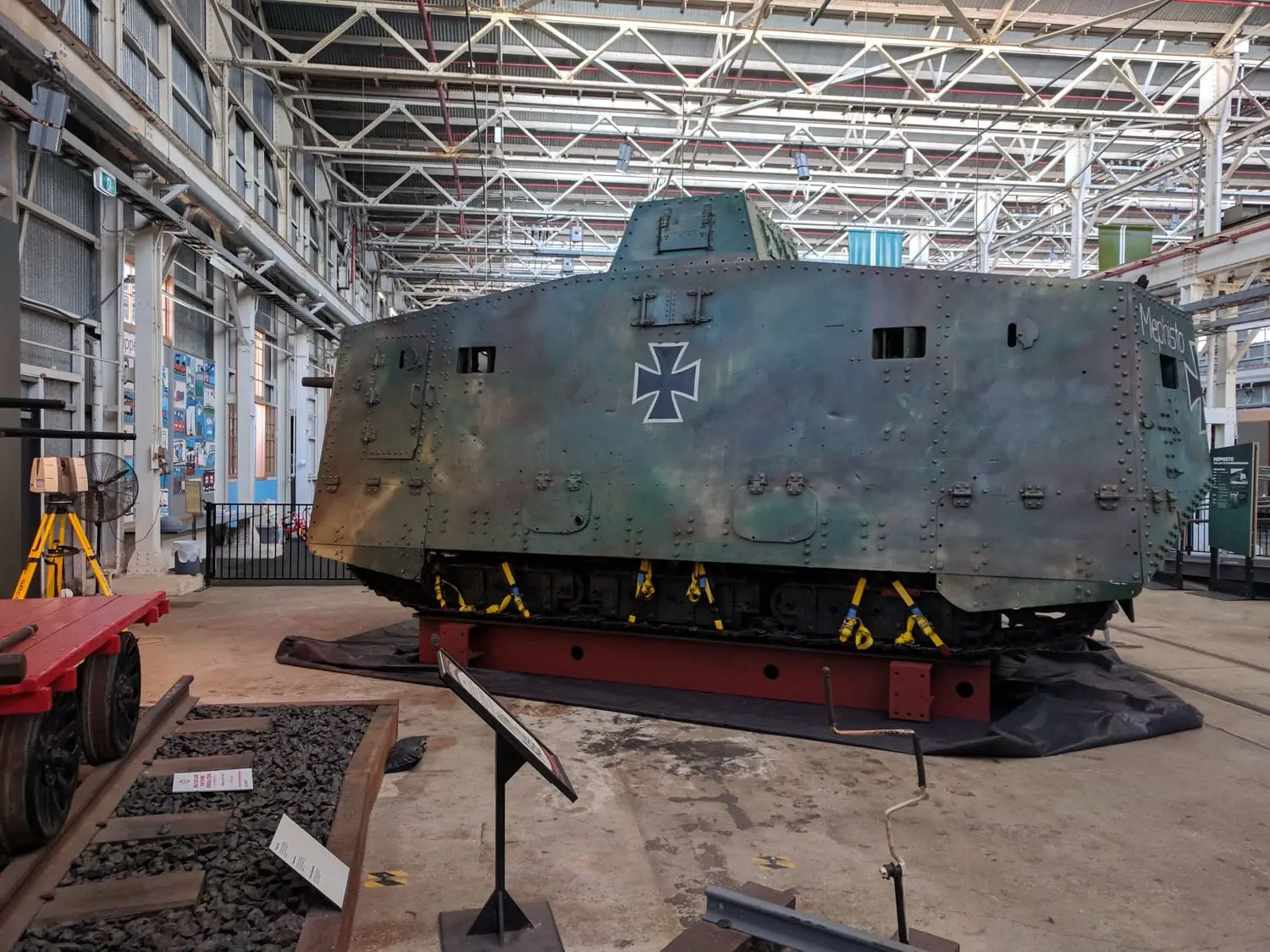 The WWI tank Mephisto on display in Ipswich, with a laser scanner set up beside it