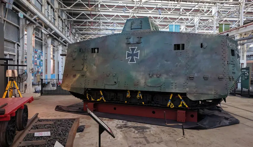 The WWI tank Mephisto on display in Ipswich, with a laser scanner set up beside it