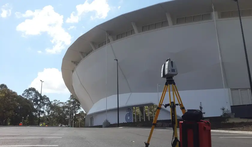 Laser scanner set up in front of the completed Queensland State Velodrome in Chandler