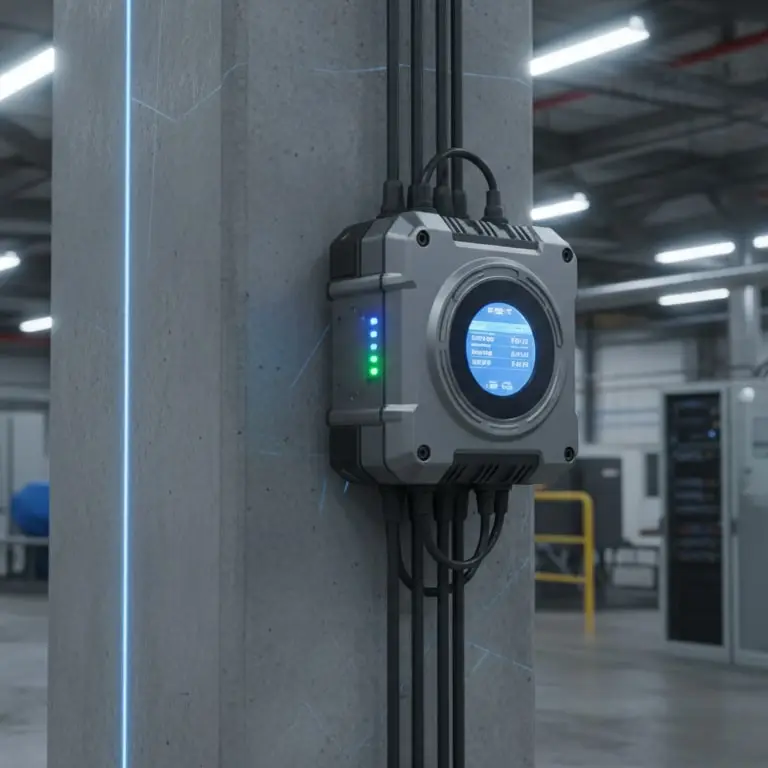Wireless structural monitoring sensor mounted on a concrete column