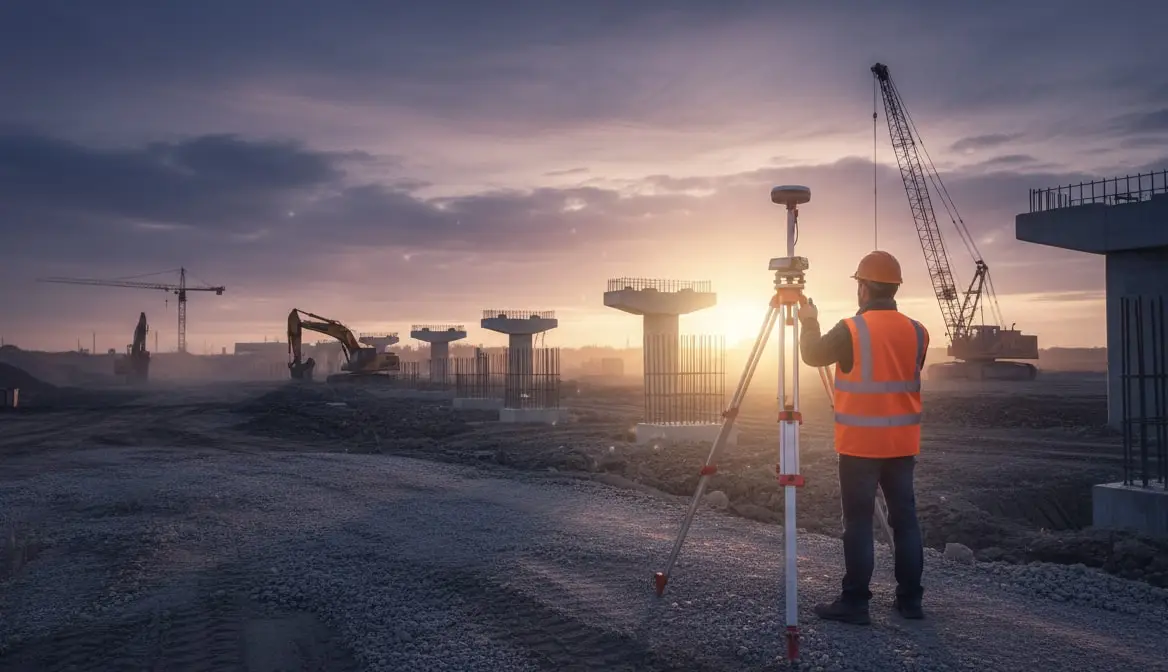 Land Solution Australia surveyor at work on a construction site at sunset